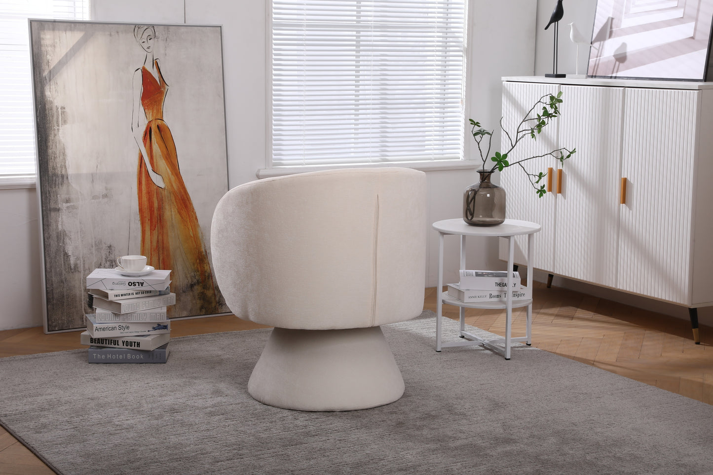 Swivel Accent Chair with a round barrel design for living rooms and bedrooms - Beige