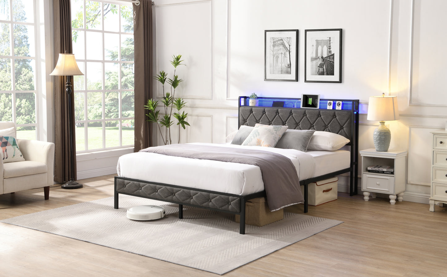 Queen bed frame with storage headboard and LED lights, dark gray