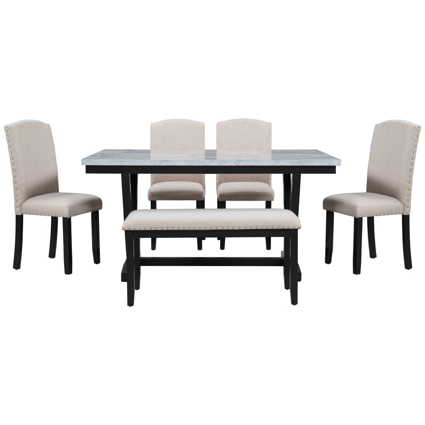 6-piece modern dining set with marbled tabletop and bench, white