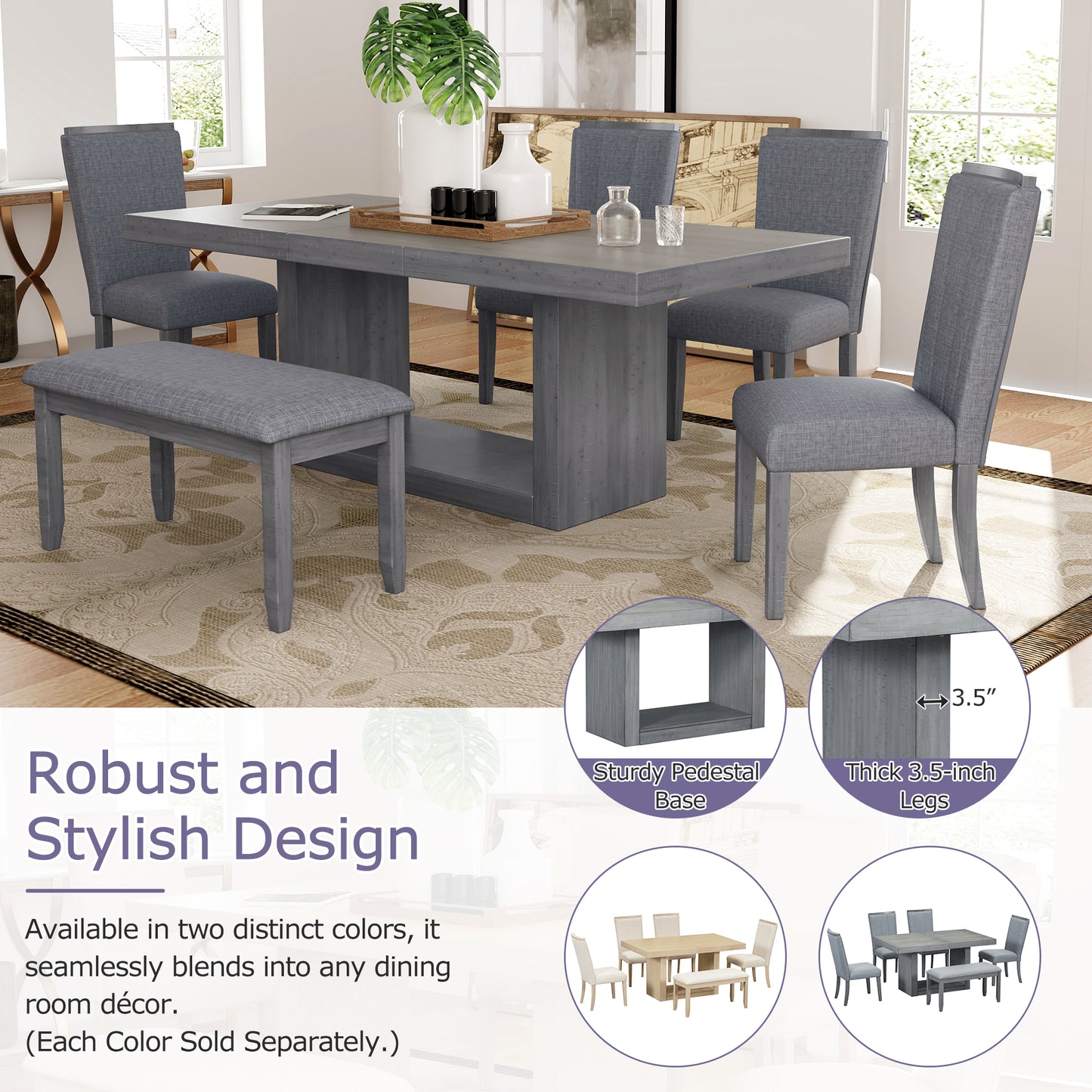 6-piece contemporary extendable dining set with pedestal table and bench, gray