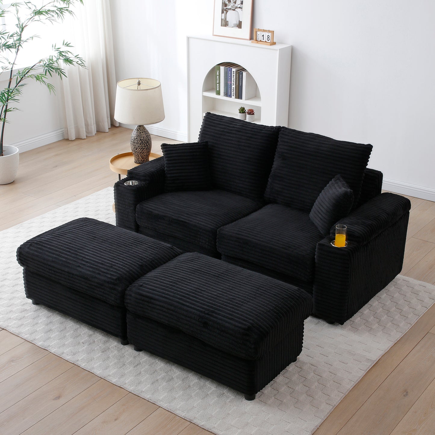 Loveseat with Ottomans, Corduroy Modular Sofa, Deep Plush, Black