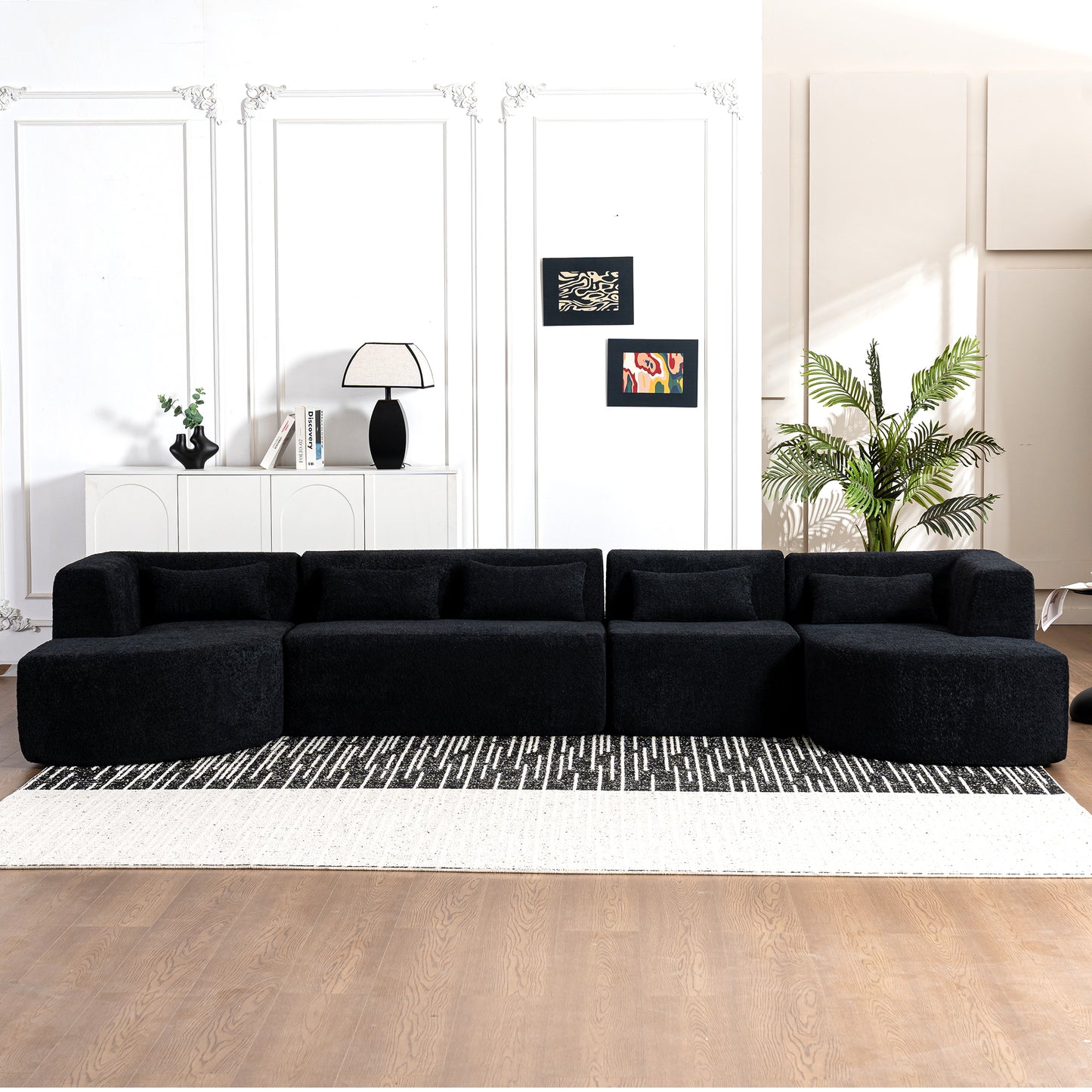 143.7 Upholstered Sofa with Chaise and Back Pillows, Black