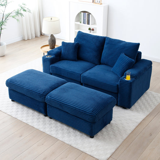 Loveseat with Ottomans, Corduroy Modular Sofa, Deep Plush, Blue