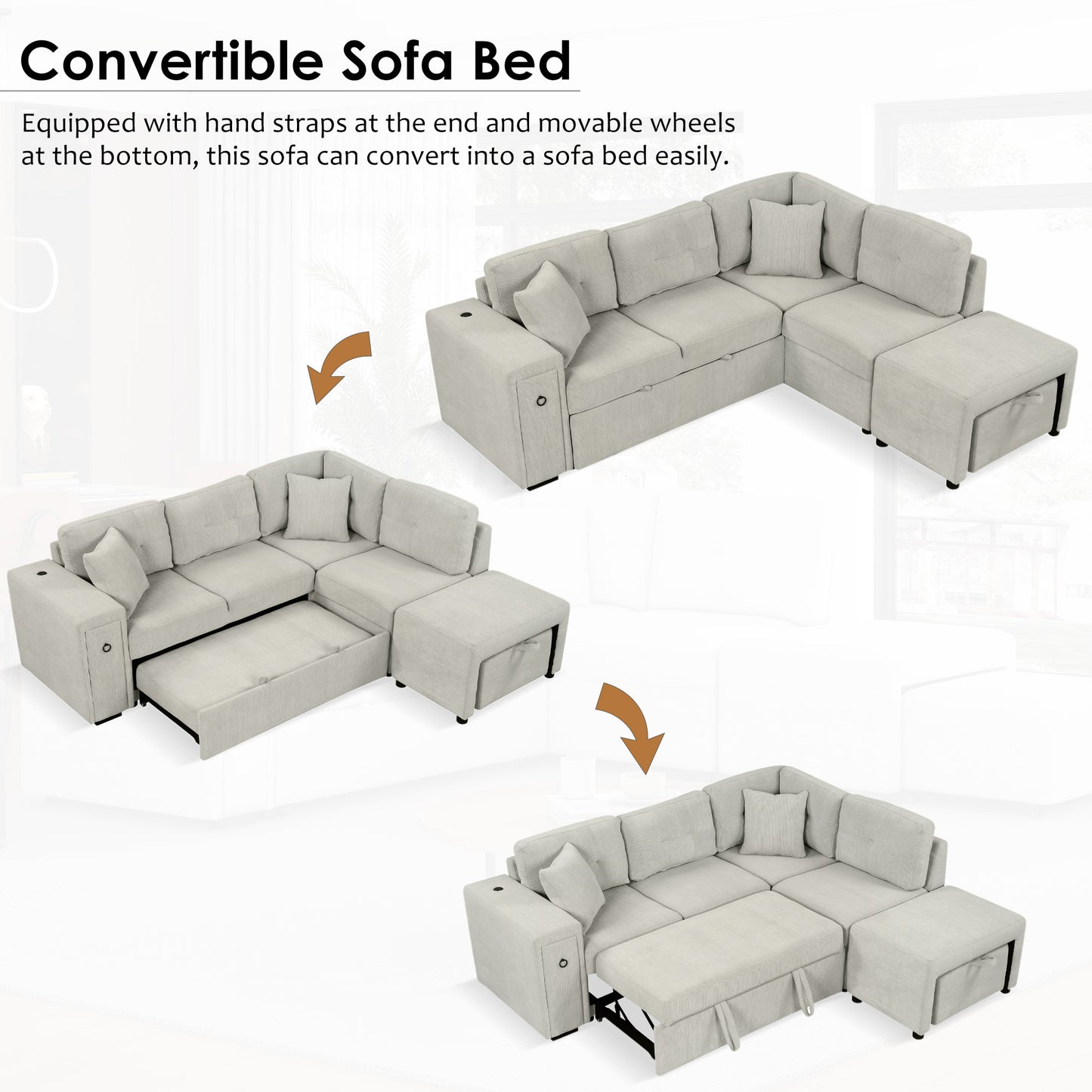 86.6 L-Shaped Sofa Bed with Ottoman, USB Ports & Cup Holders, Gray