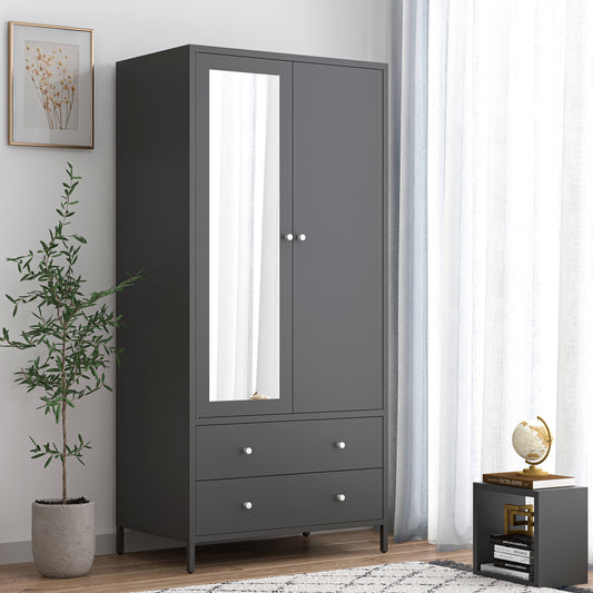 Metal dresser armoire wardrobe with mirror door, 2 drawers, and hanging rod, dark gray