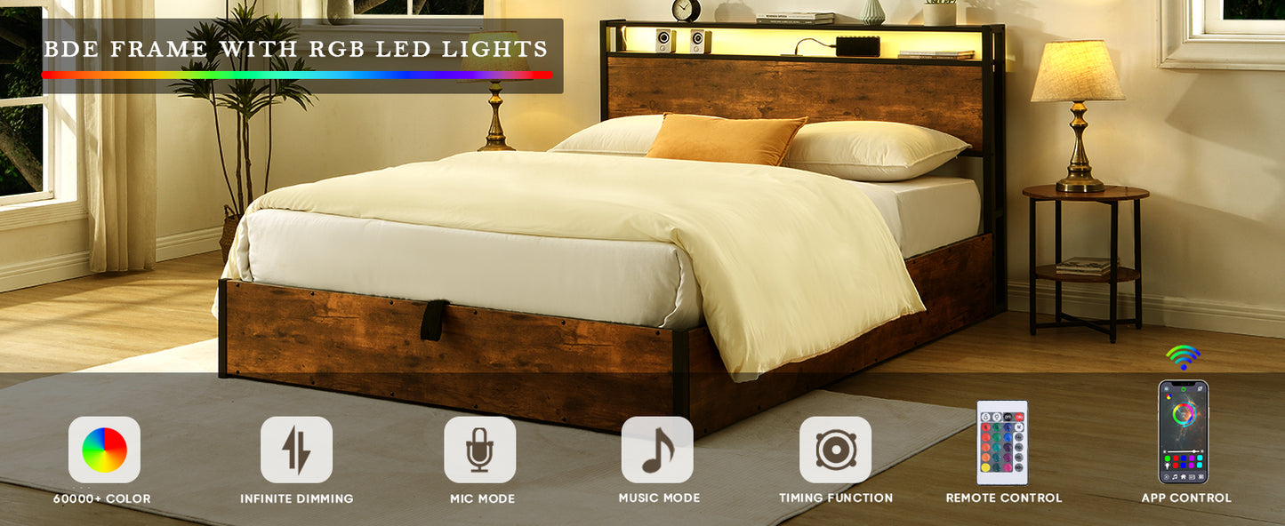 Queen lift-up storage bed frame, rustic brown, with bookcase headboard and LED lights