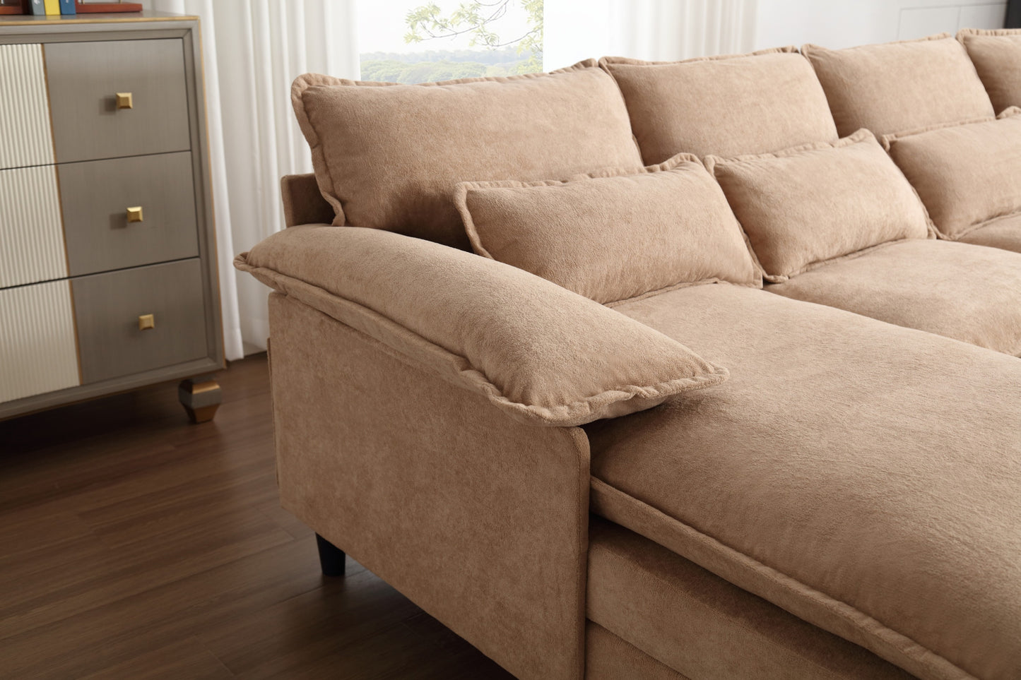 U-Shaped Modular Sectional Sofa with Chaise, 4 Seater, Terrycloth, Brown