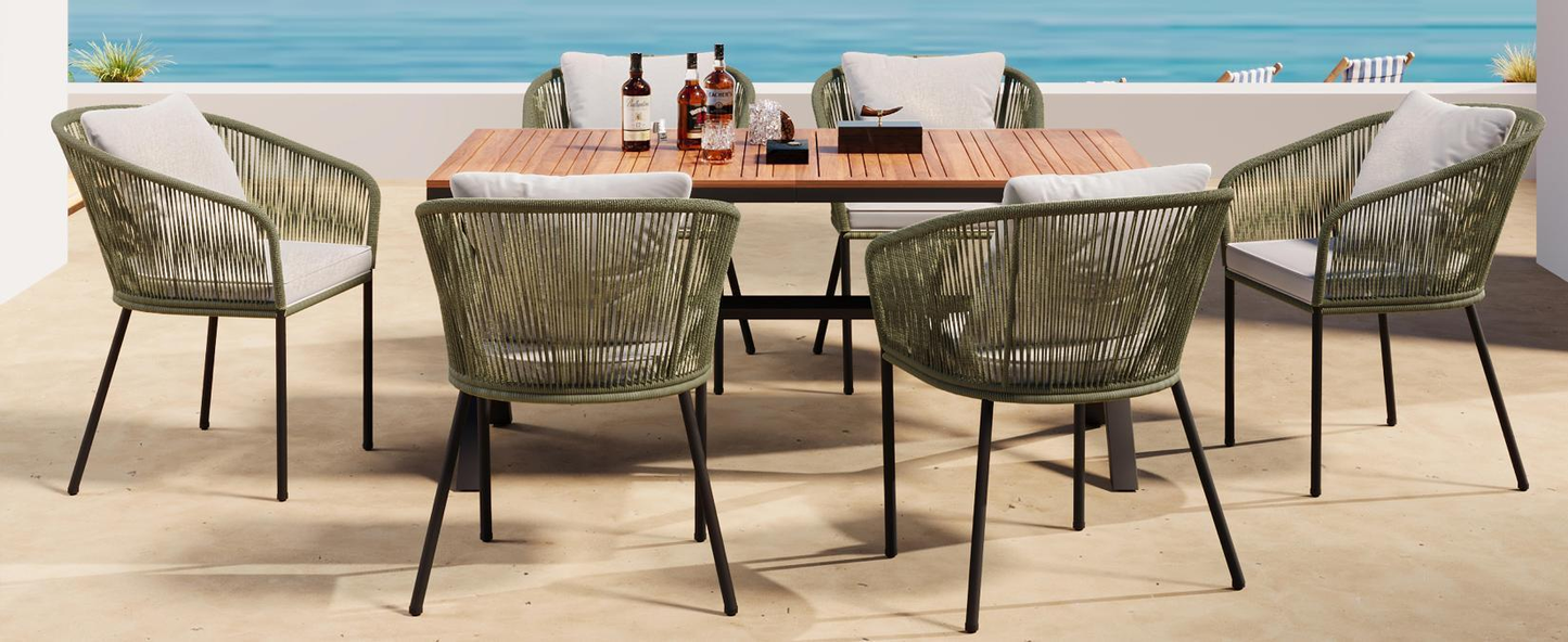 7-piece patio dining set with acacia wood tabletop, green