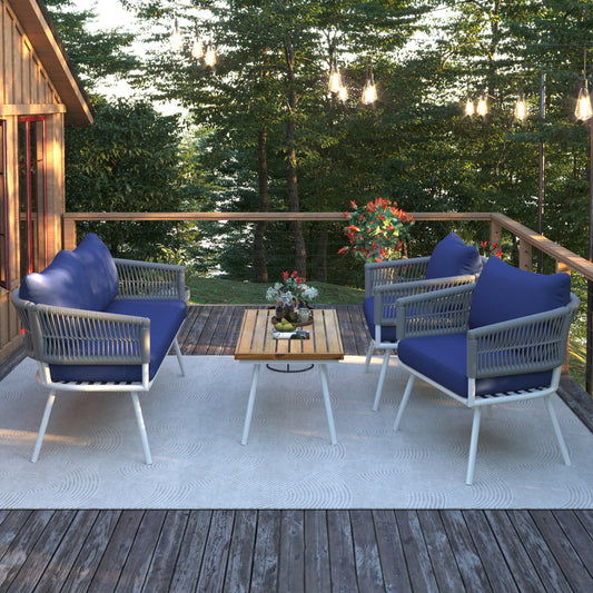 K&K 4-Piece Boho Patio Set with Acacia Wood Table, Navy Blue