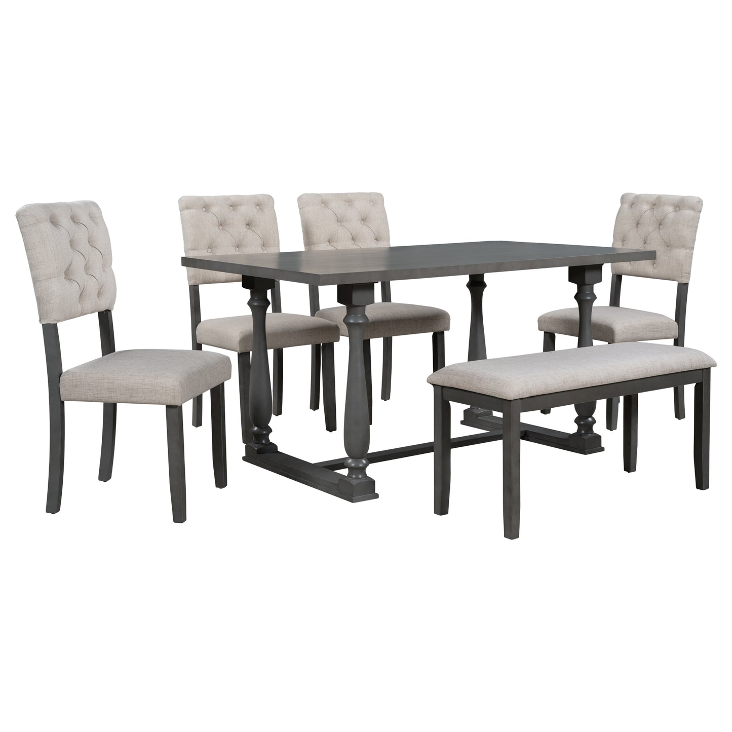 6-piece dining set with special-shaped legs and cushioned seats, gray