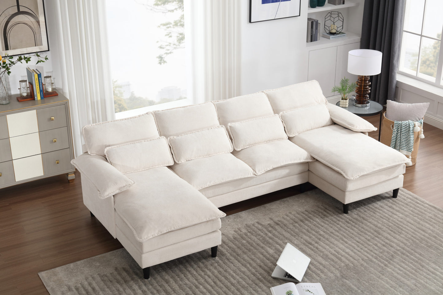 U-Shaped Modular Sectional Sofa with Chaise Lounge, 4 Seater, Terrycloth, Beige