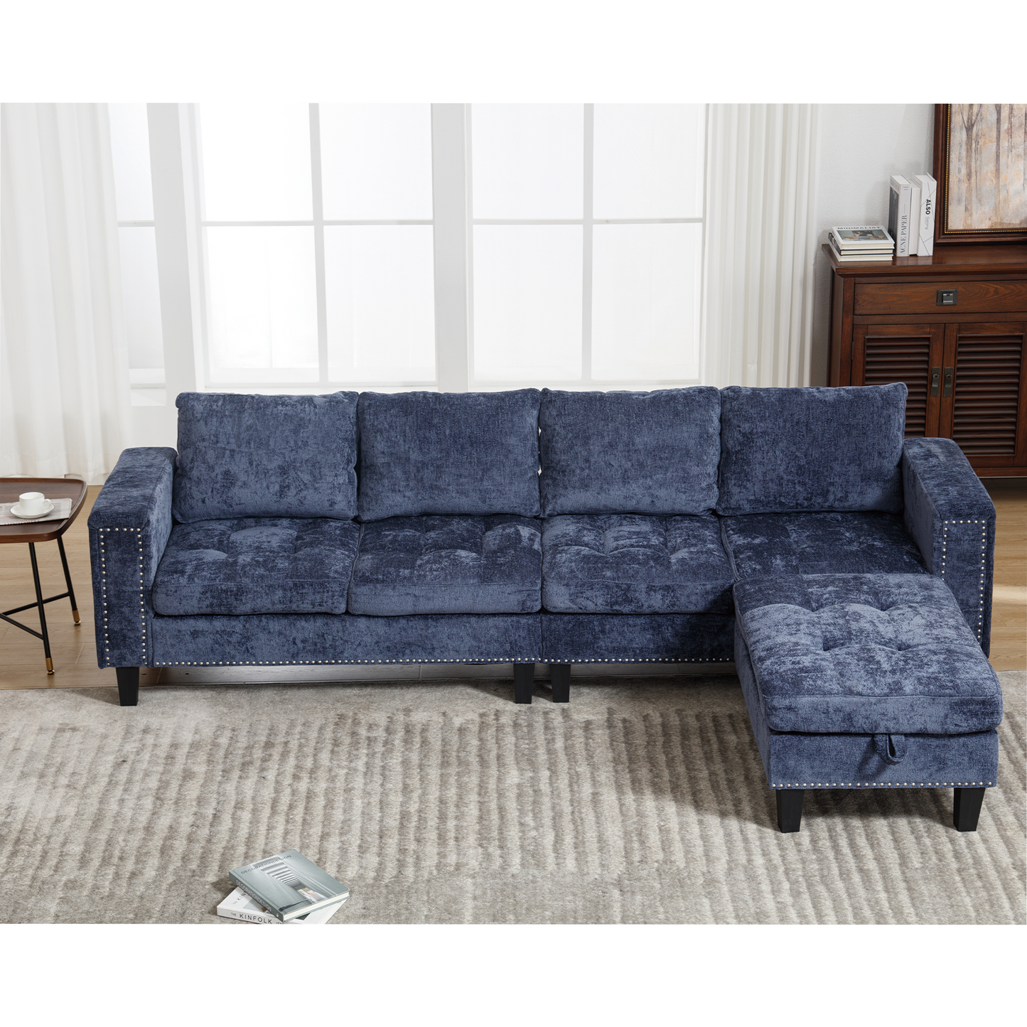 5-Seat Modular Sofa with Storage Ottoman, Reversible Chaise, Chenille, Blue