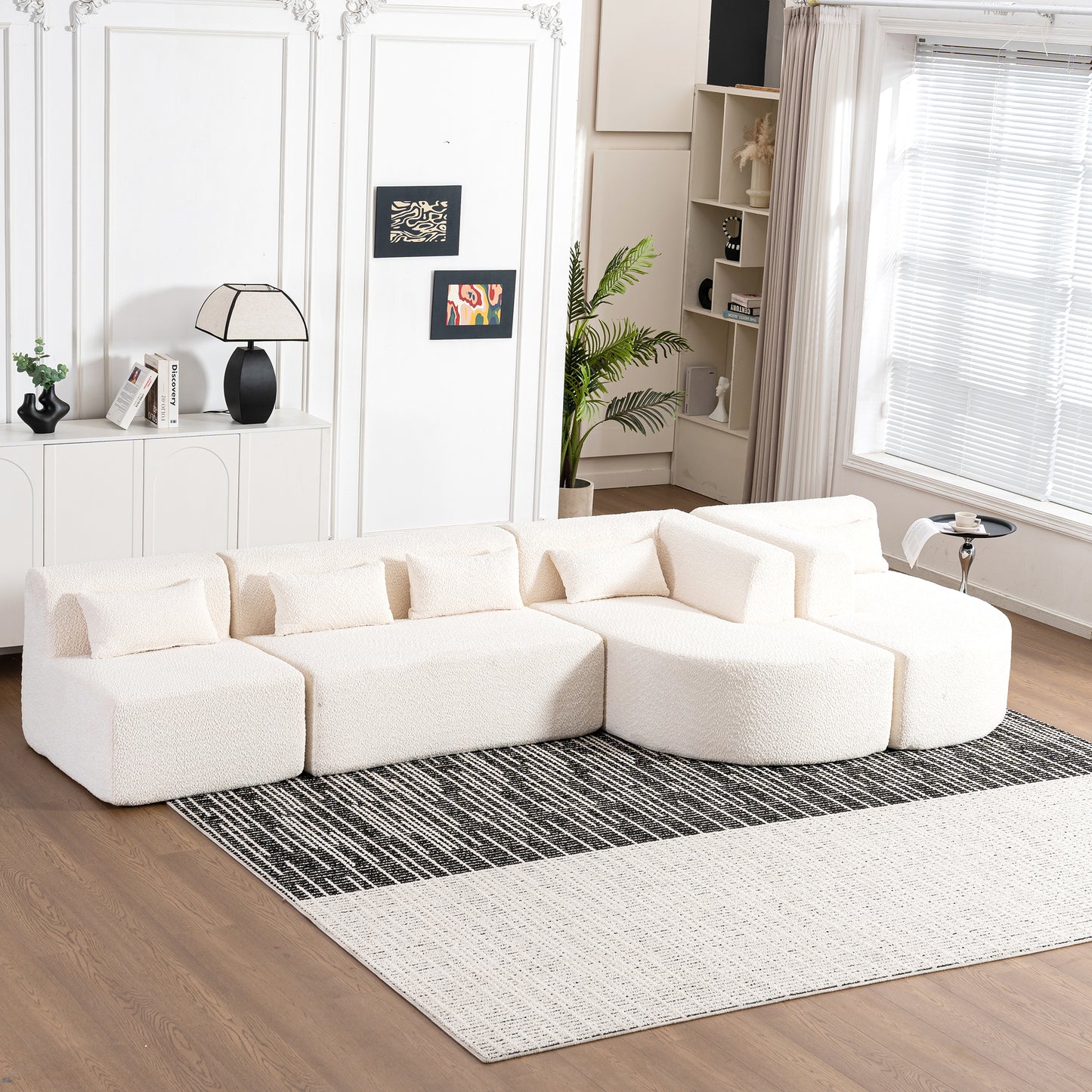 143.7 Upholstered Sofa with Chaise and Back Pillows, Beige