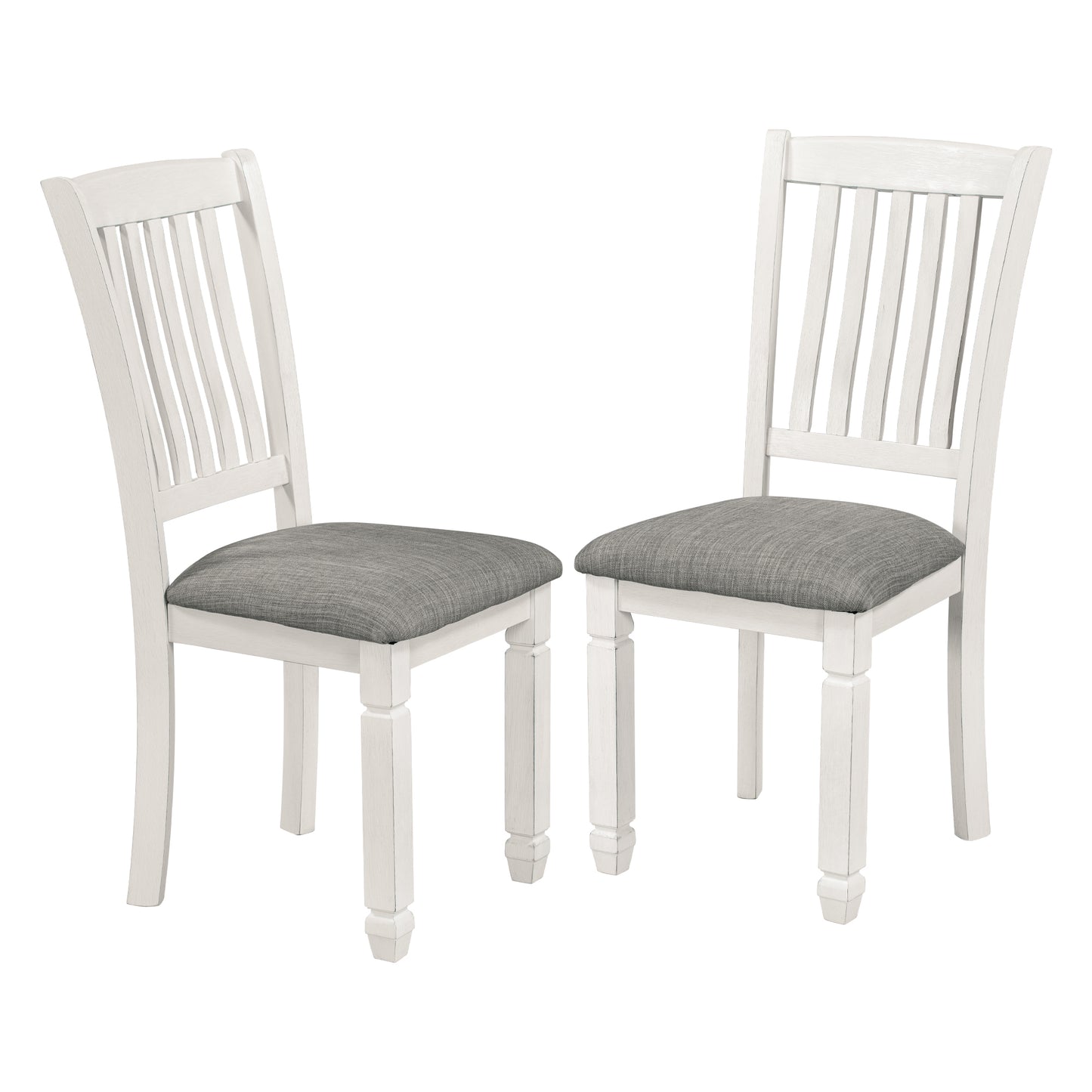 7-piece dining set with upholstered chairs and shaped legs, gray table, white chairs