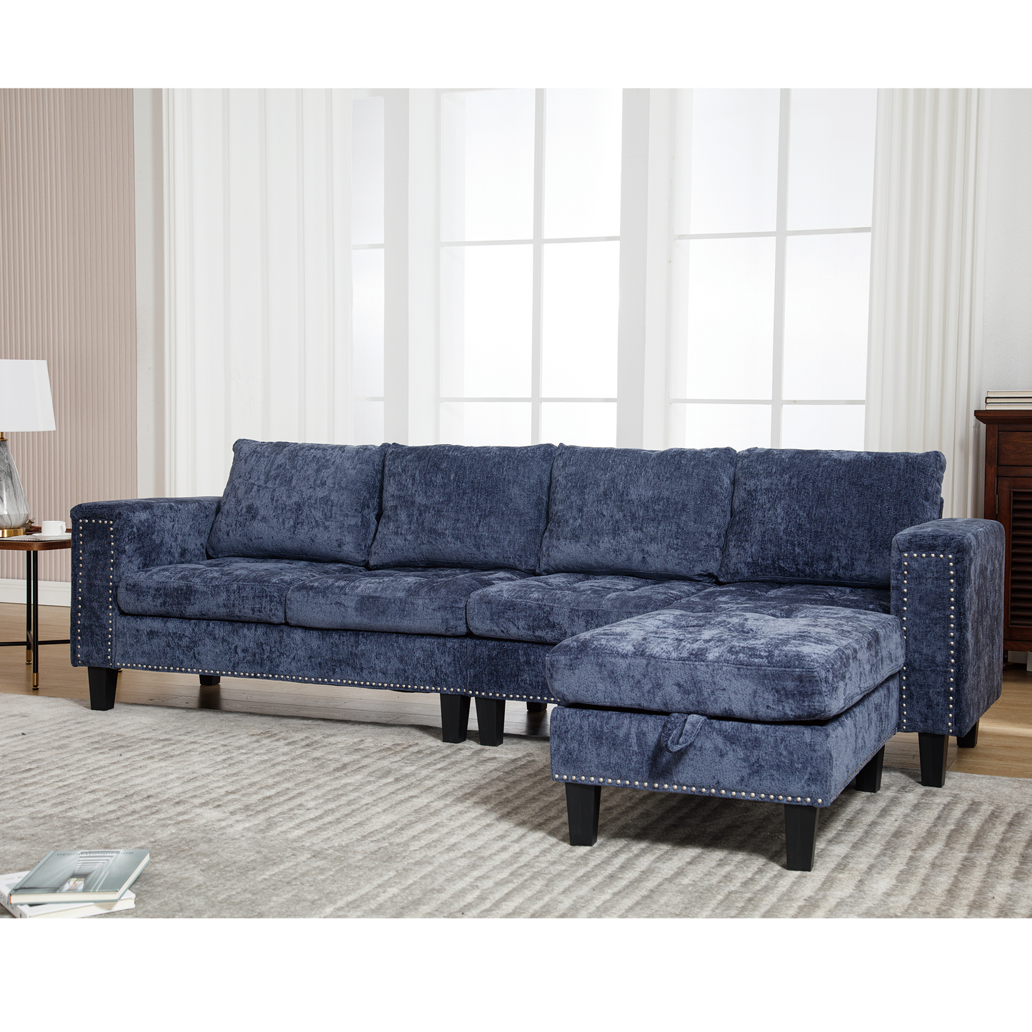 5-Seat Modular Sofa with Storage Ottoman, Reversible Chaise, Chenille, Blue