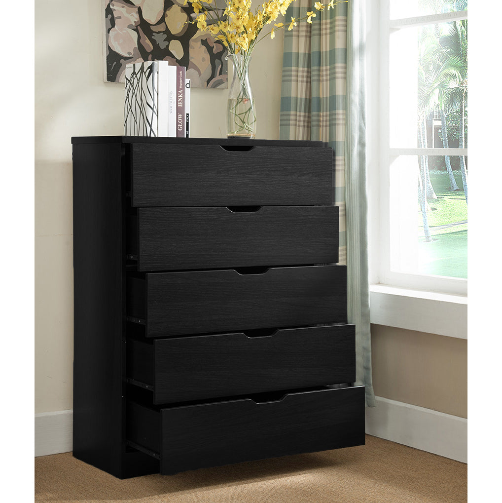 Modern black dresser with five drawers and metal glides for clothes and storage