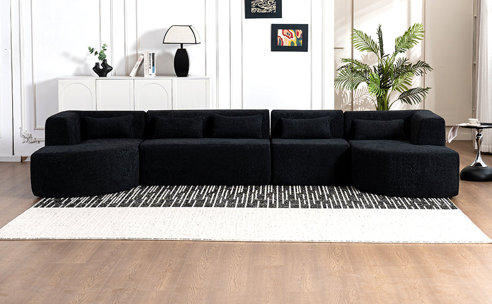 143.7 Upholstered Sofa with Chaise and Back Pillows, Black