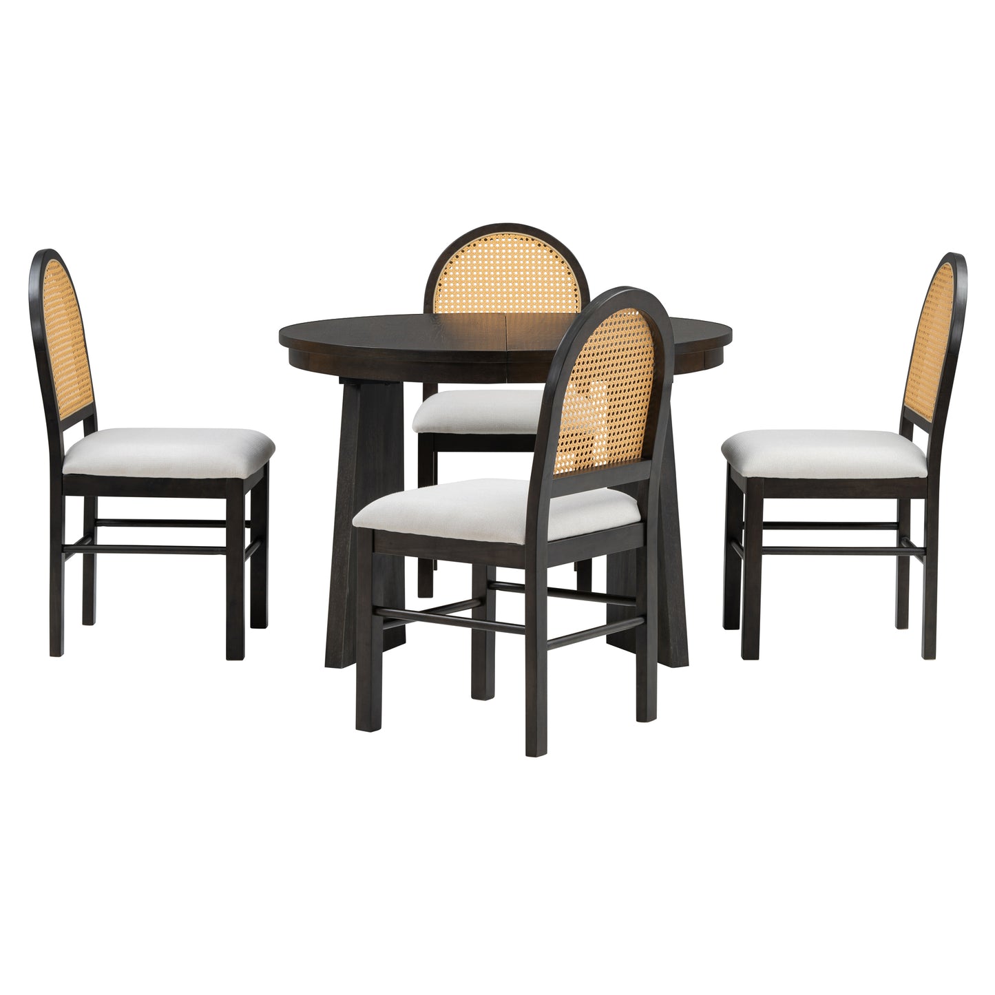 5-piece retro dining set with extendable table and rattan-back chairs, espresso