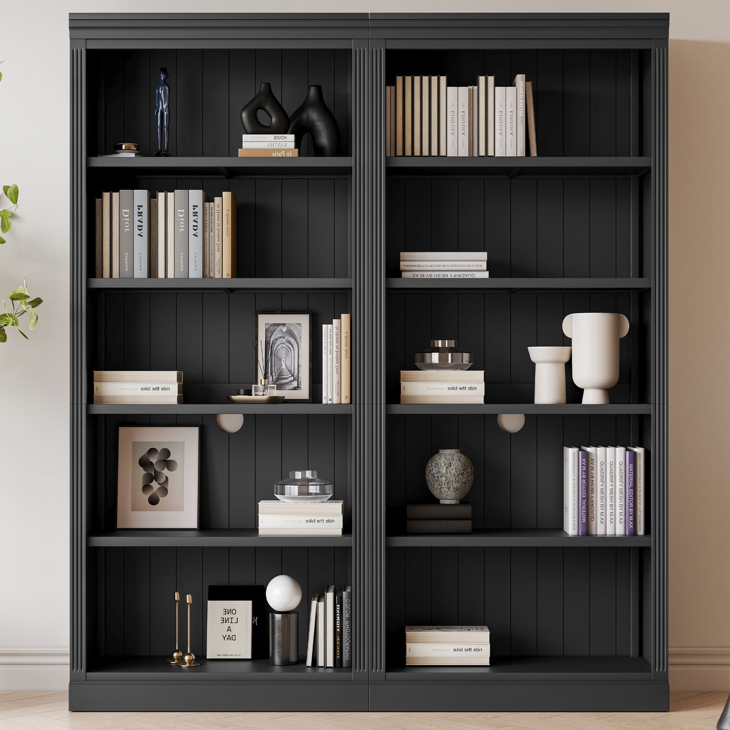 Wood Bookcase with Adjustable 5-Tier Shelves - Black