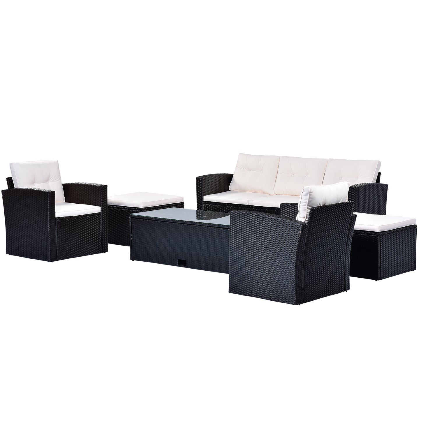 6-piece wicker patio sectional set with coffee table, black wicker, beige cushions