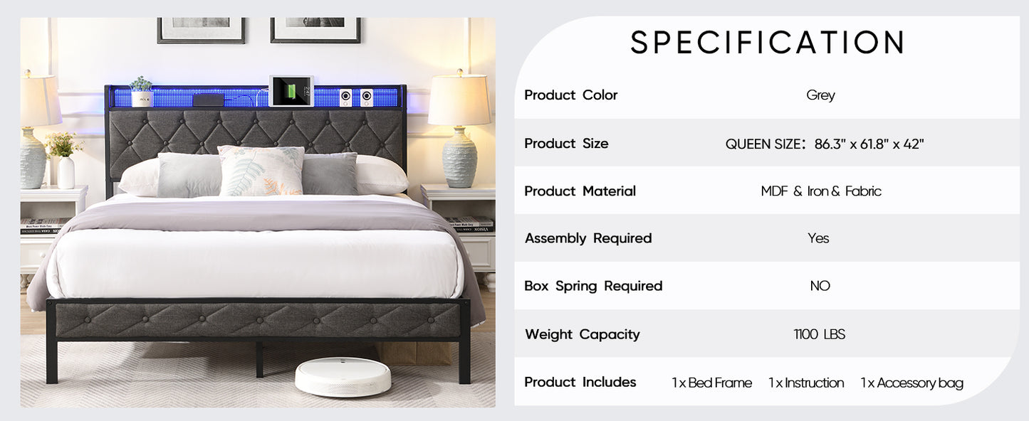 Queen bed frame with storage headboard and LED lights, dark gray