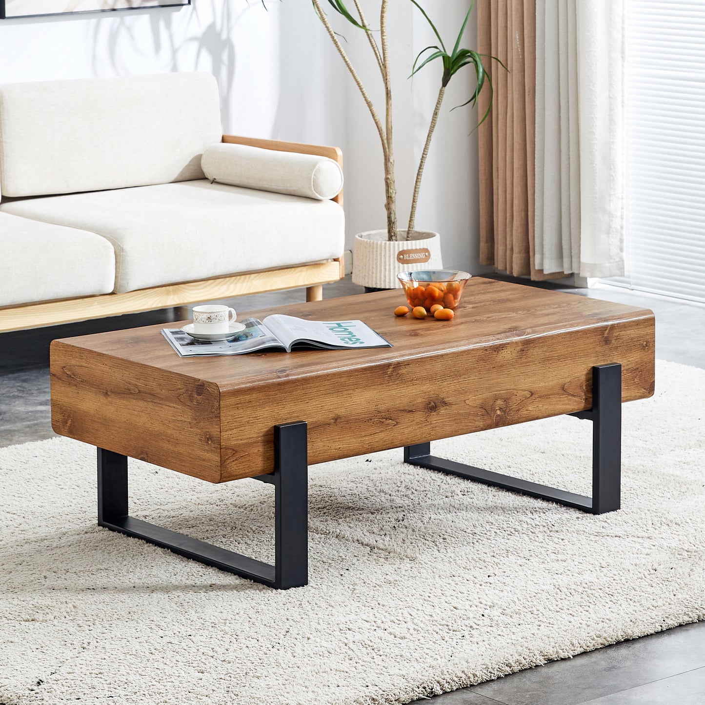 Rustic MDF Coffee Table with Metal Legs