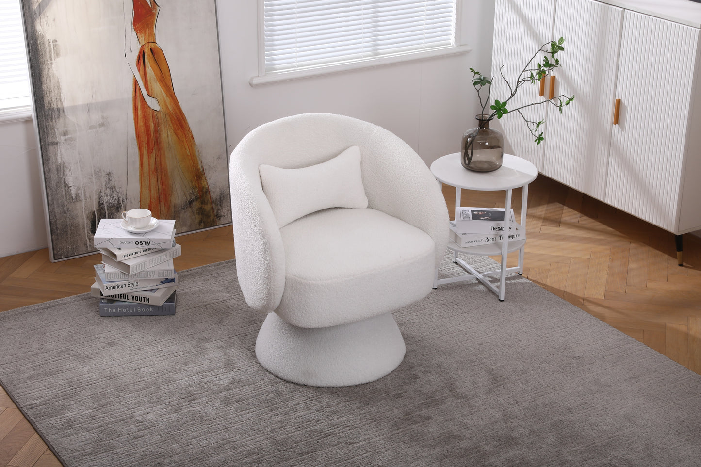 Swivel Accent Chair with a round barrel design for living rooms and bedrooms - White