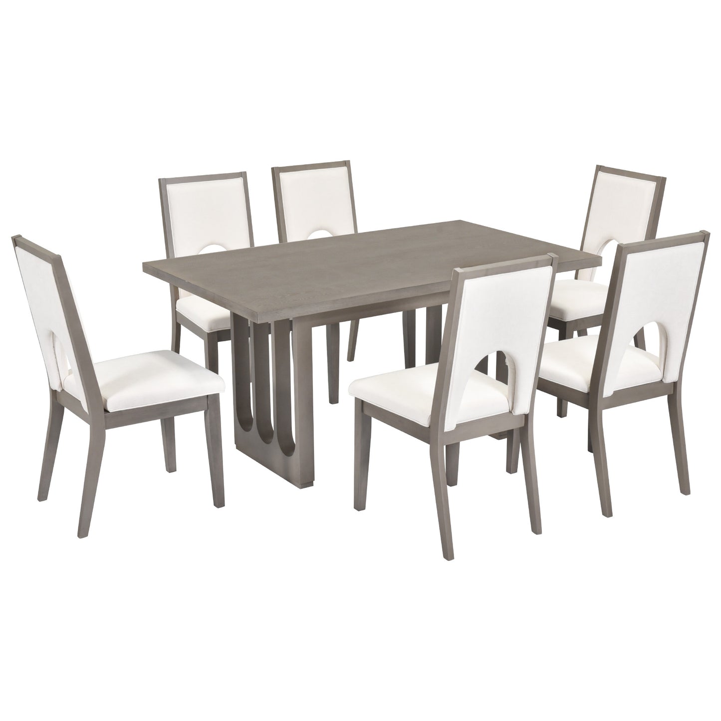 Wood dining table set for 6, grey table, beige upholstered chairs