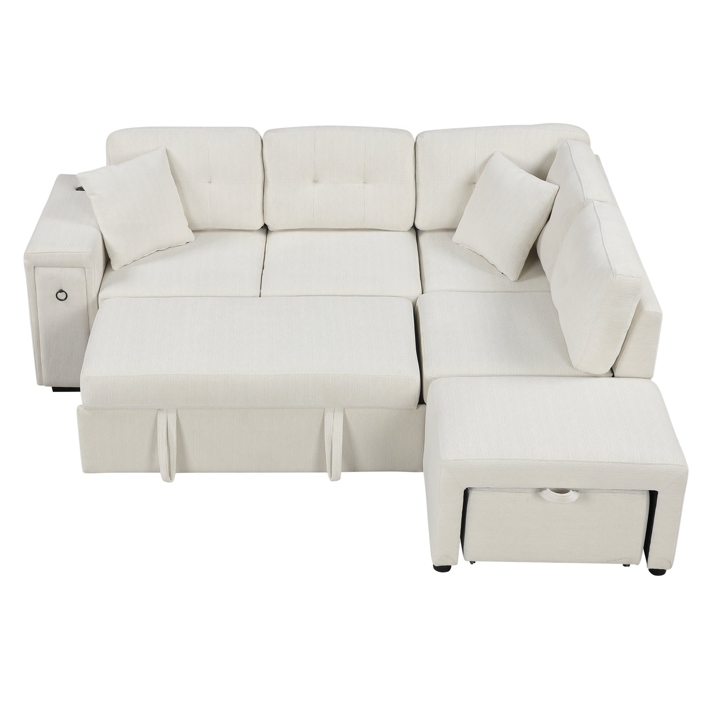 86.6 L-Shaped Sofa Bed with Ottoman, USB Ports & Cup Holders, Beige