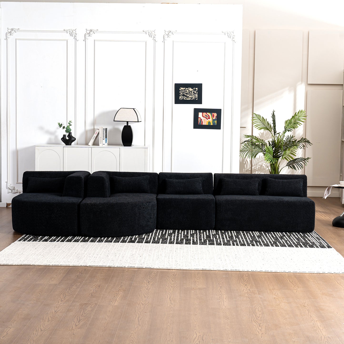 143.7 Upholstered Sofa with Chaise and Back Pillows, Black