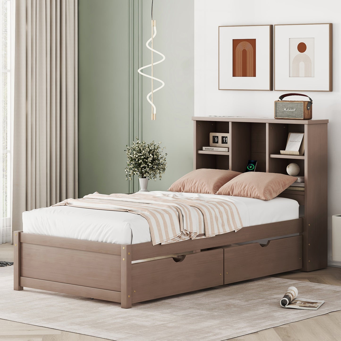 Modern twin bed frame with USB port, bookcase headboard, and drawers, walnut