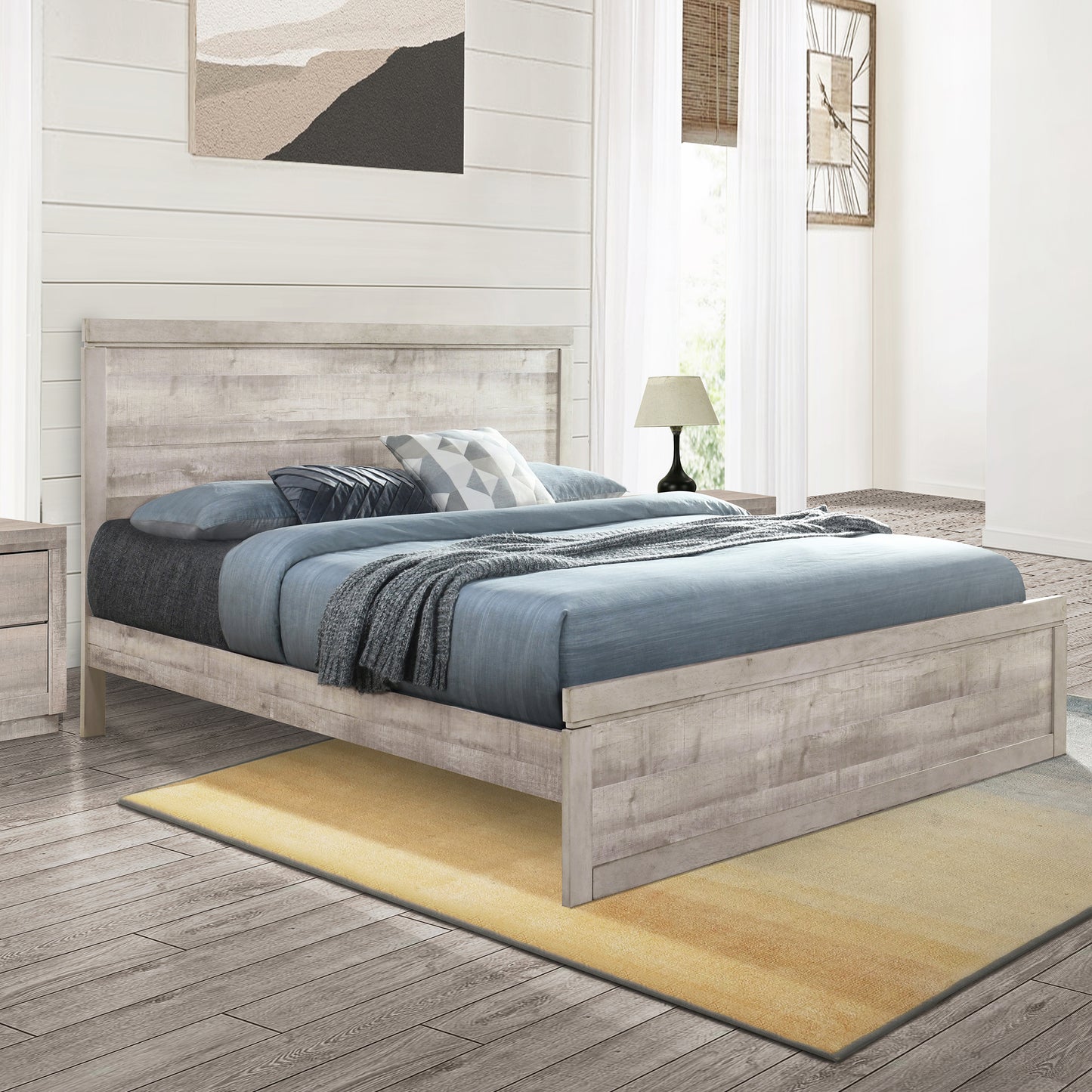 Vintage farmhouse king platform bed with wooden slats, rustic white