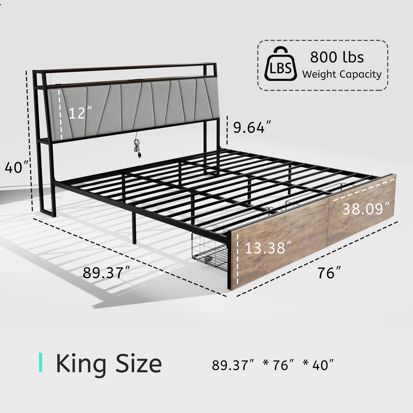 King bed frame with storage, ergonomic headboard, charging station, and LED lights, rustic brown