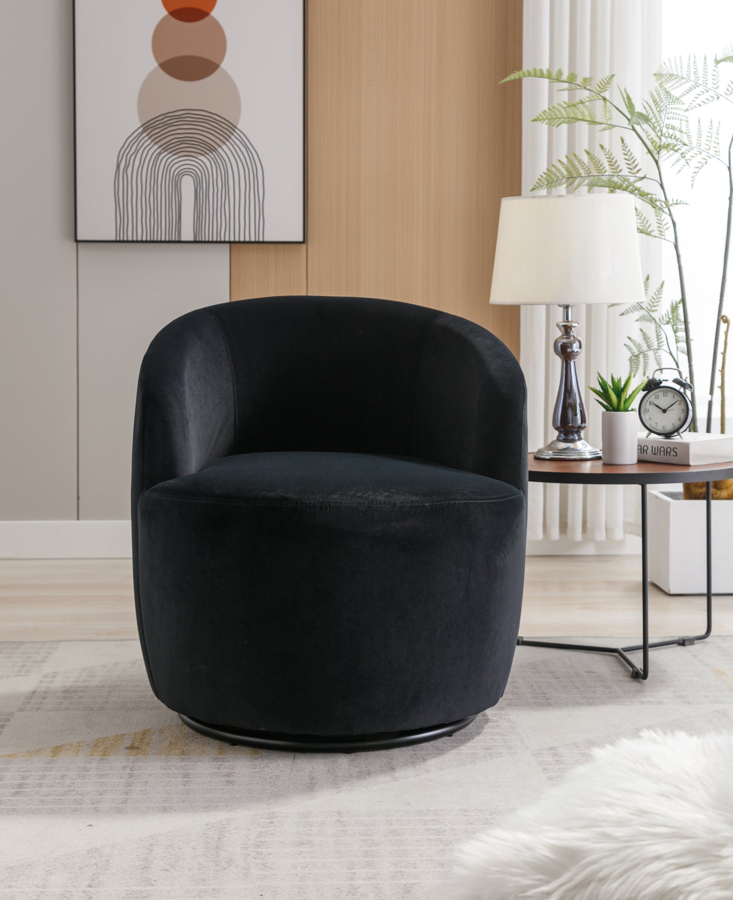 Accent Swivel Armchair with a black metal ring - Black