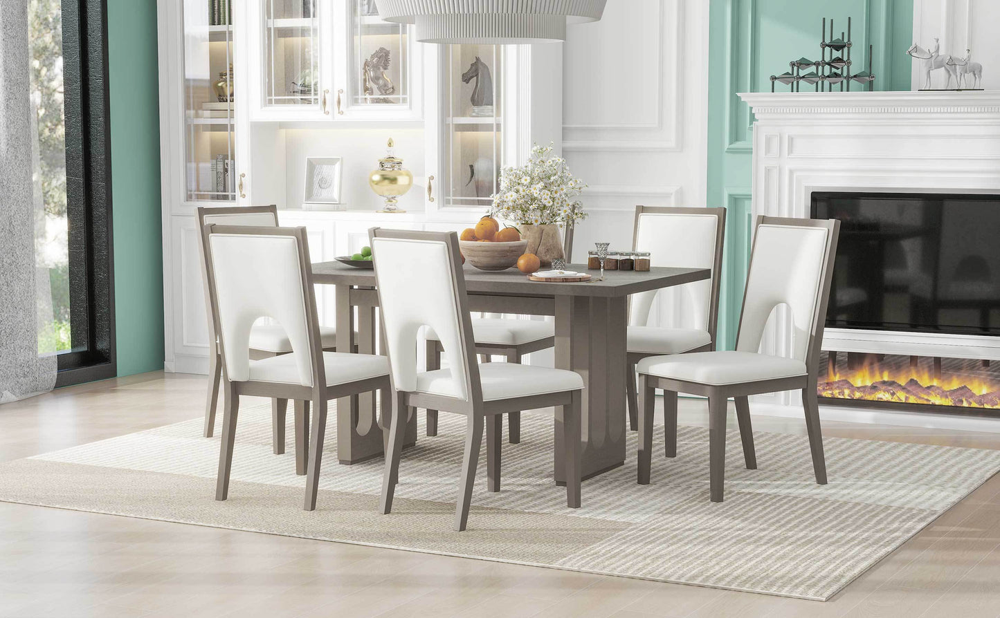 Wood dining table set for 6, grey table, beige upholstered chairs