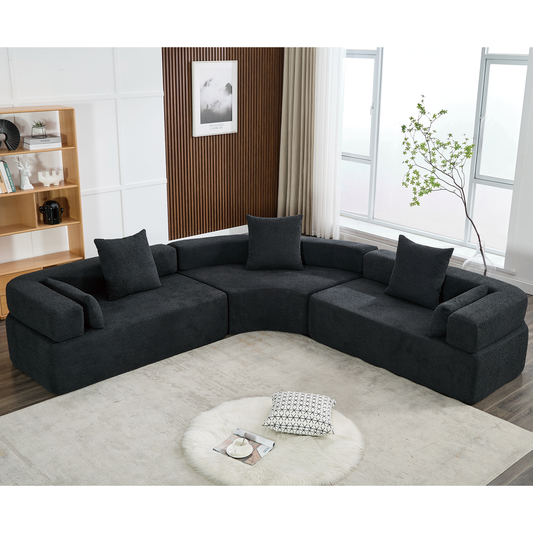 Oversized Curved 4-Seater Modular Sofa, 3-Piece Boucle, Black