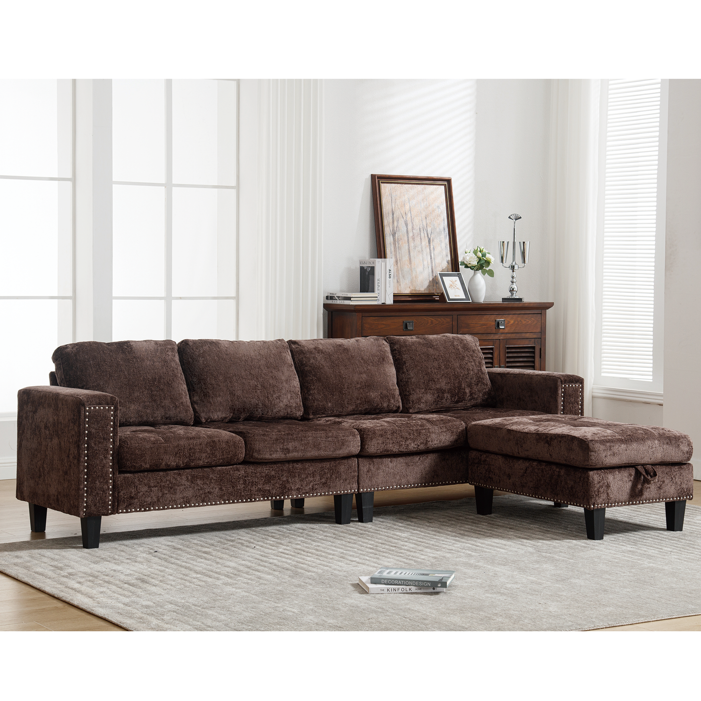 5-Seat Modular Sofa with Storage Ottoman, Reversible Chaise, Chenille, Brown