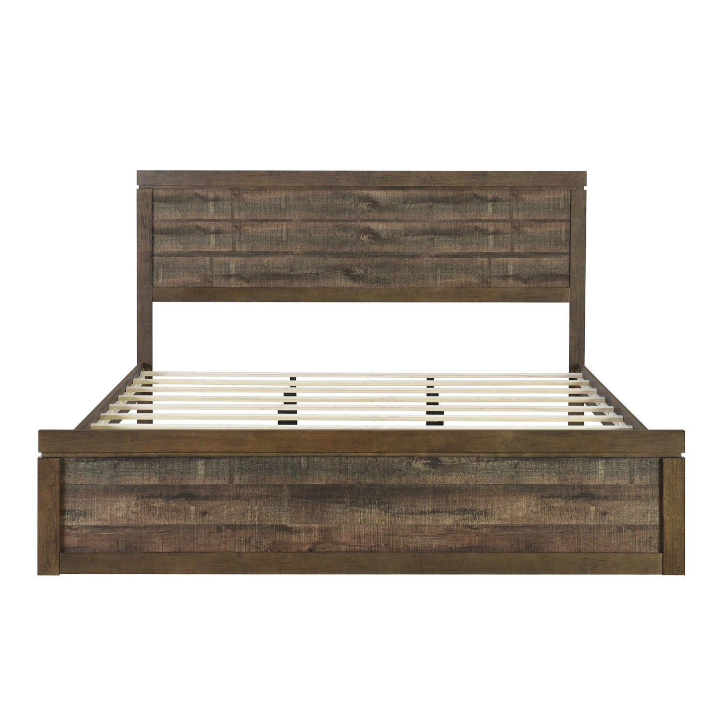 Vintage farmhouse king platform bed with wooden slats, rustic brown