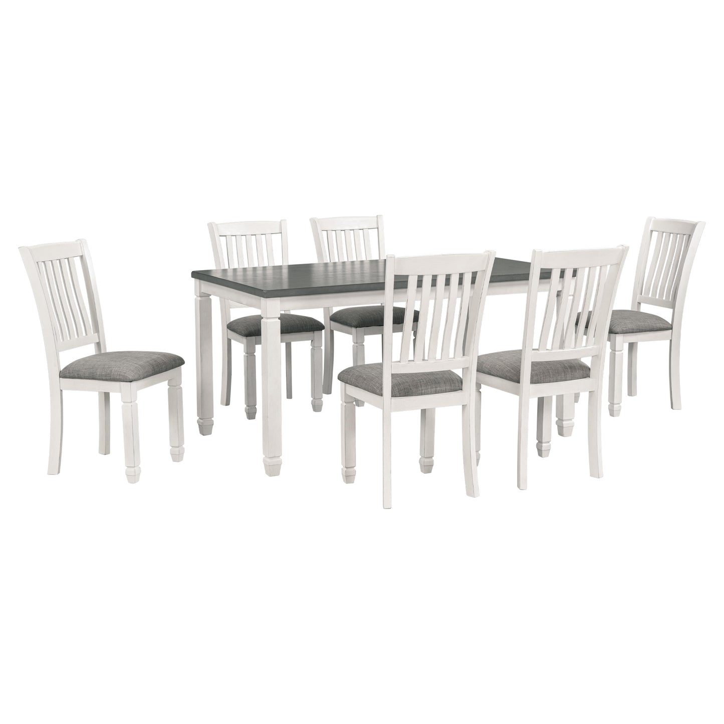 7-piece dining set with upholstered chairs and shaped legs, gray table, white chairs