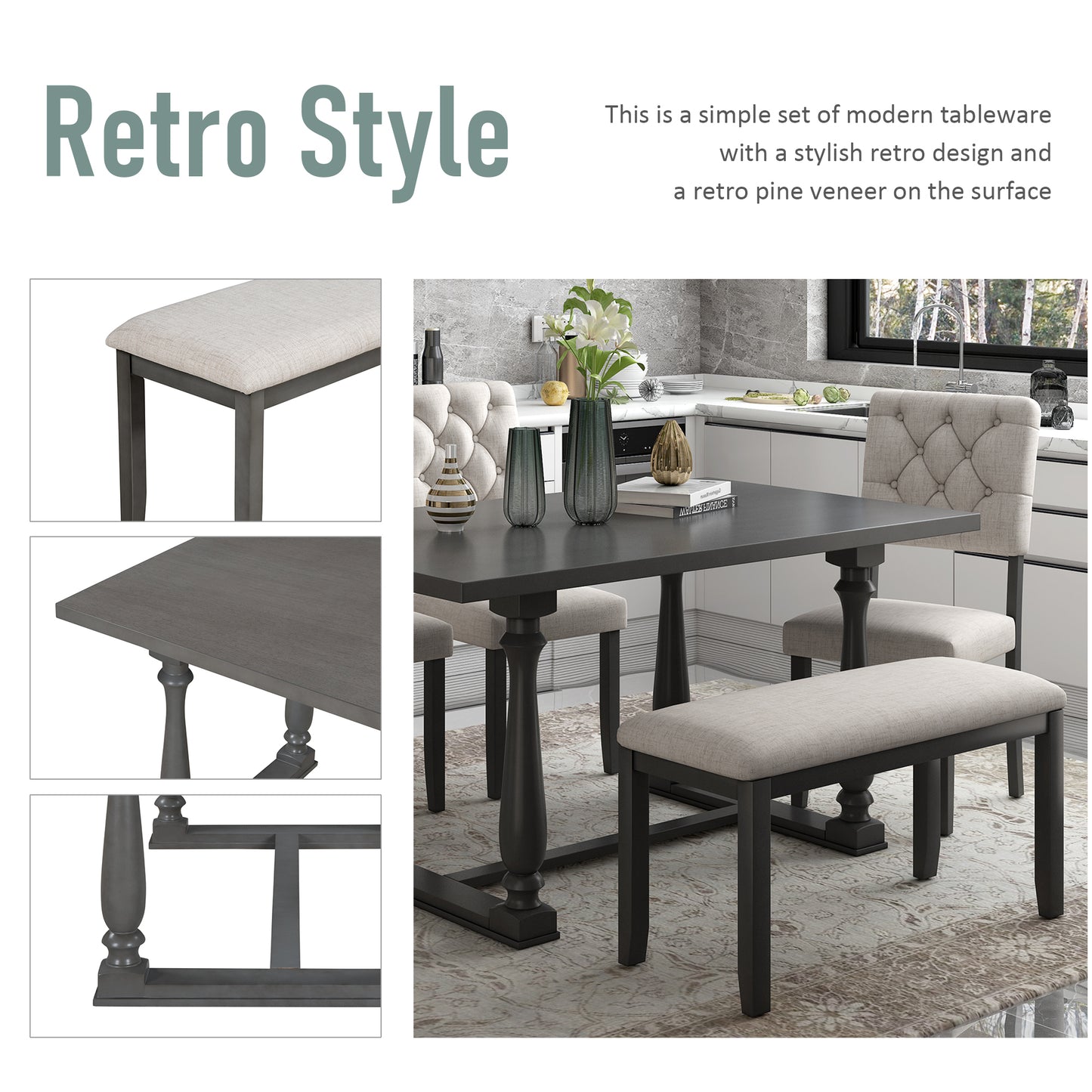 6-piece dining set with special-shaped legs and cushioned seats, gray