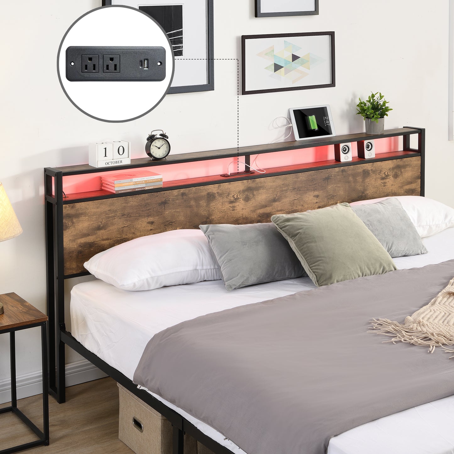 King bed frame with storage headboard and charging station, noise-free