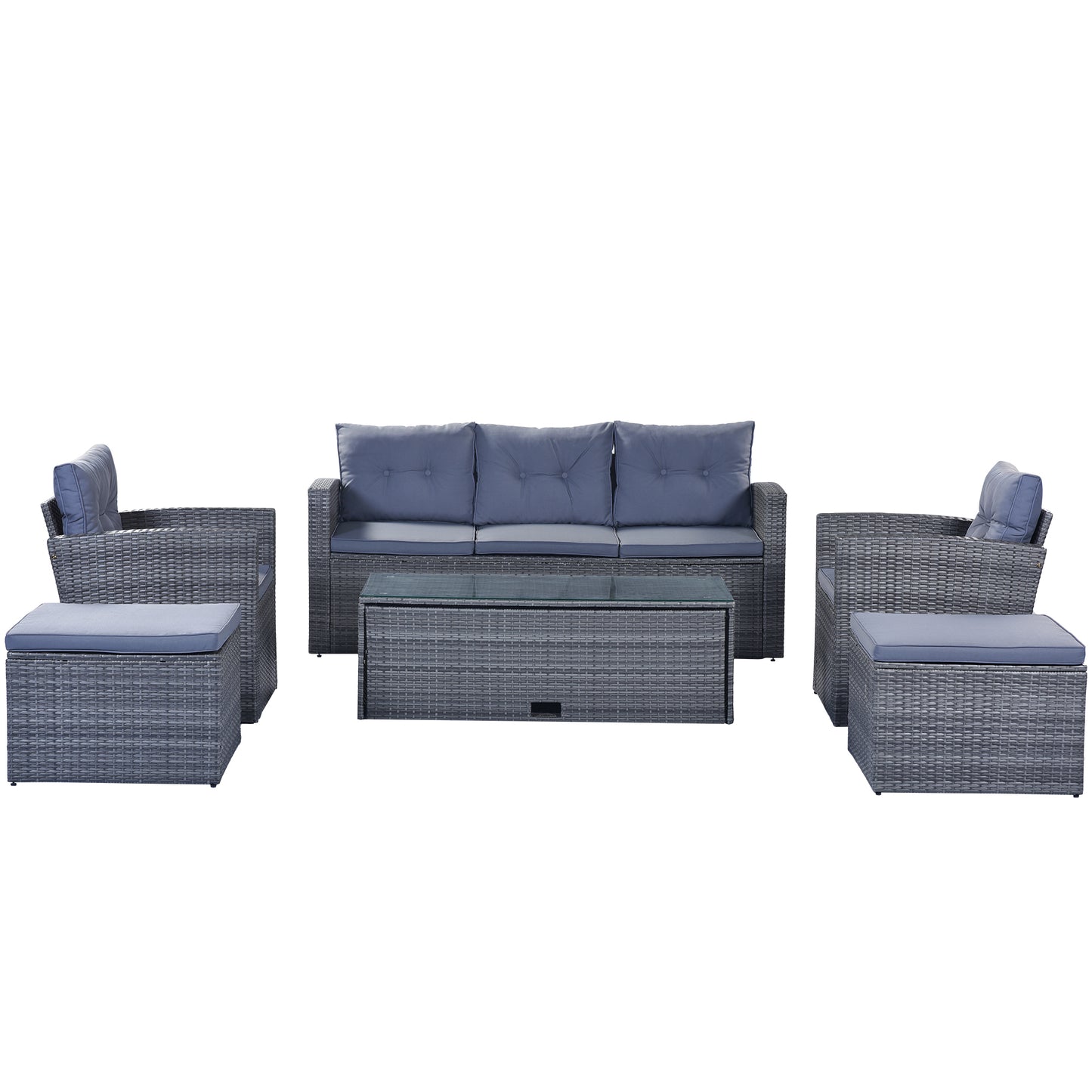 6-piece wicker patio sectional set with coffee table, dark grey wicker, light grey cushions