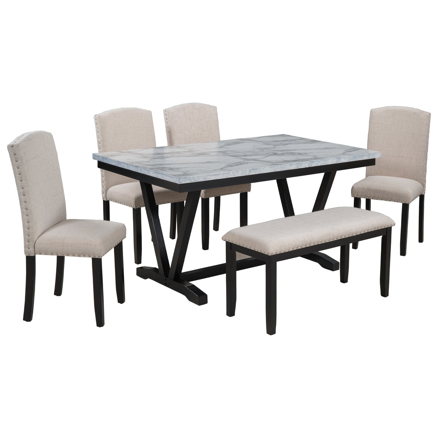 6-piece modern dining set with marbled tabletop and bench, white