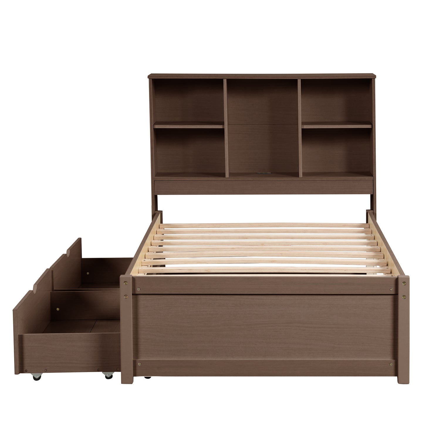 Modern twin bed frame with USB port, bookcase headboard, and drawers, walnut