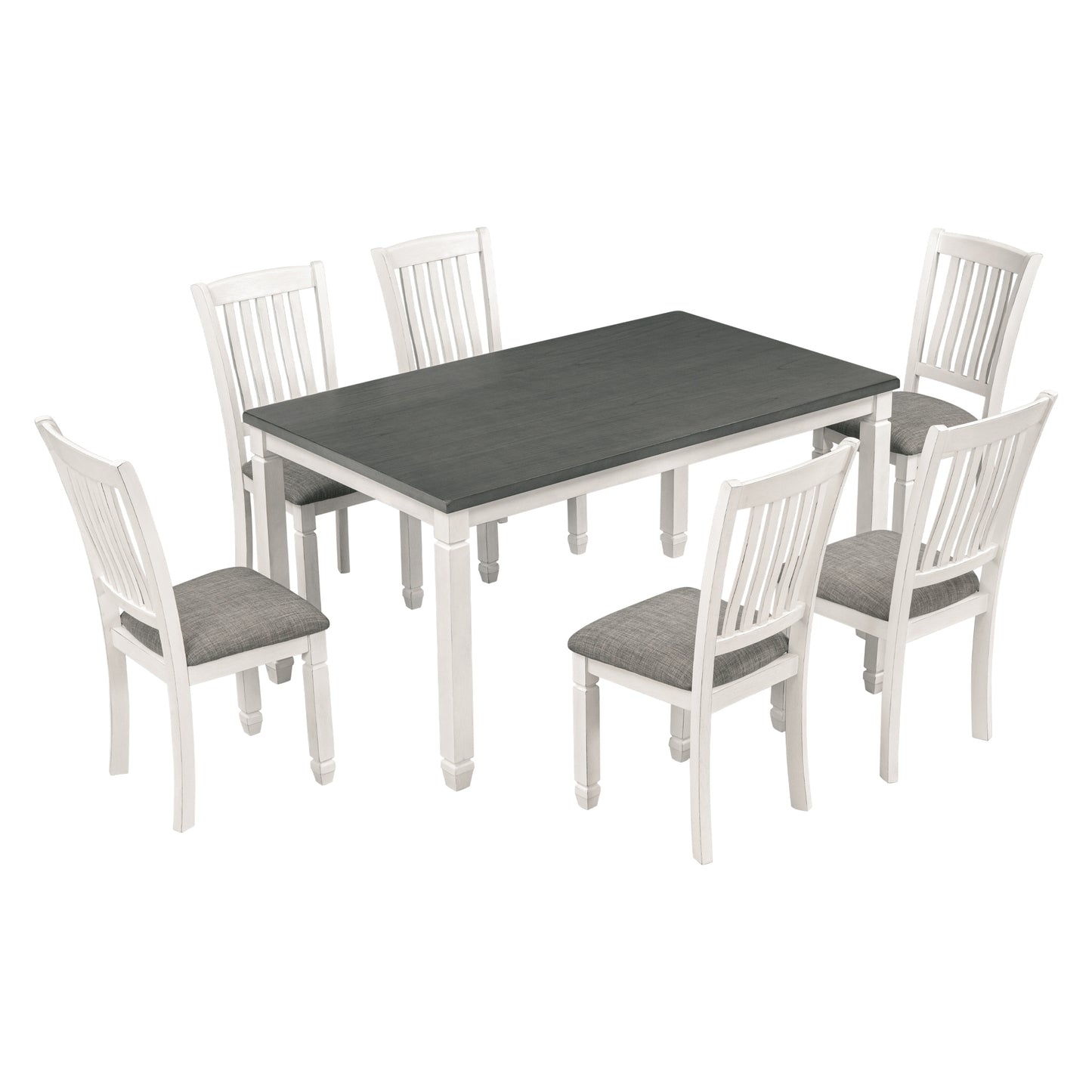 7-piece dining set with upholstered chairs and shaped legs, gray table, white chairs