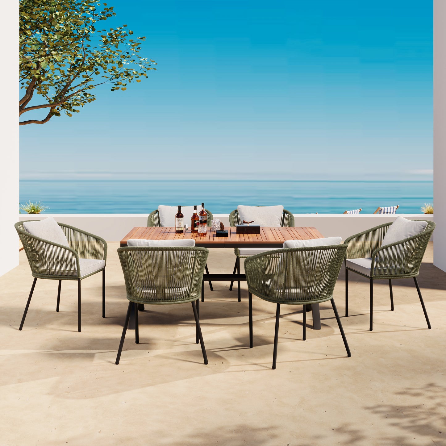 7-piece patio dining set with acacia wood tabletop, green