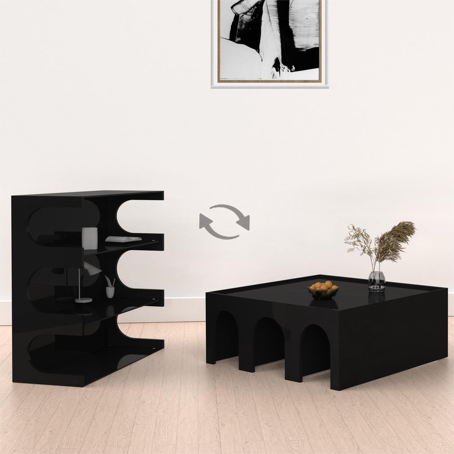 Multifunctional 4-Tier Black Bookshelf & Coffee Table