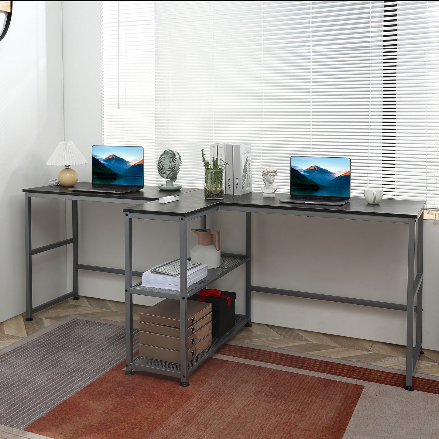 83" Two-Person Black Desk with Shelves, Double Workstation