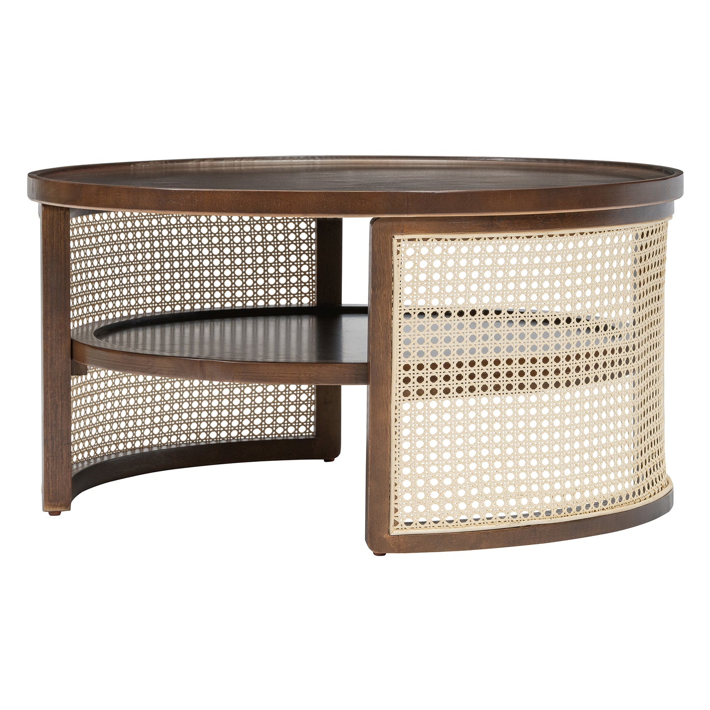 2-Tier Walnut Coffee Table with Rattan Base