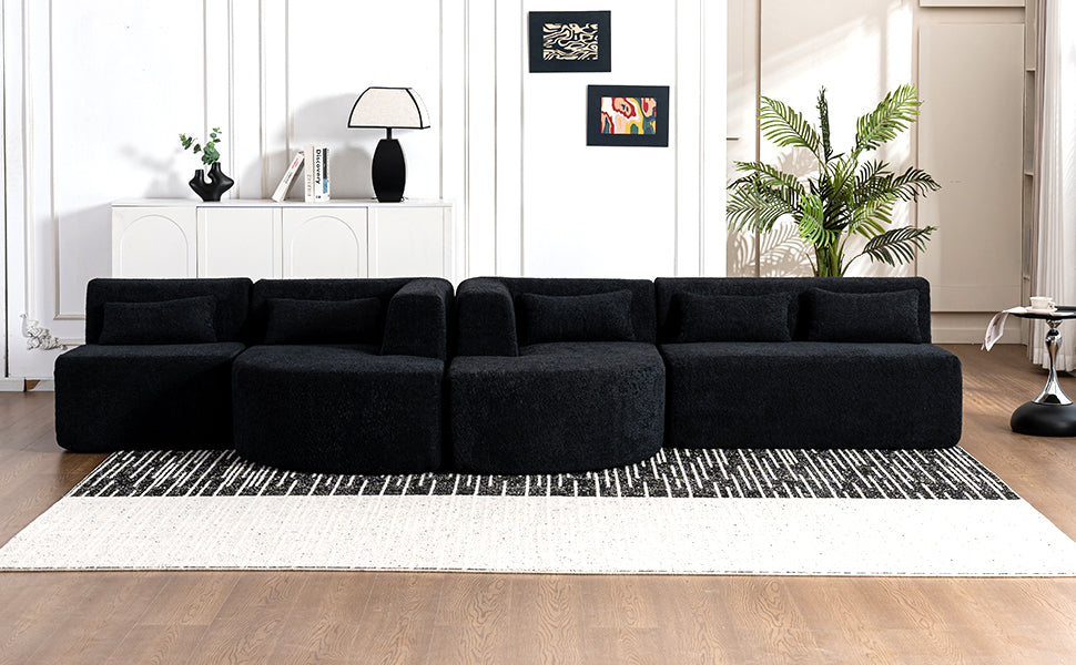 143.7 Upholstered Sofa with Chaise and Back Pillows, Black